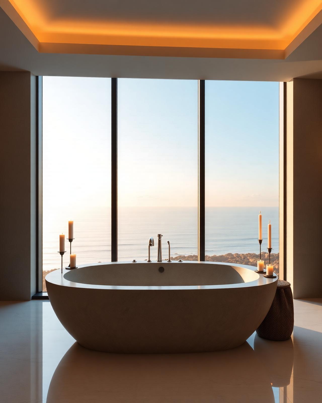 Banho spa com vista para o oceano
